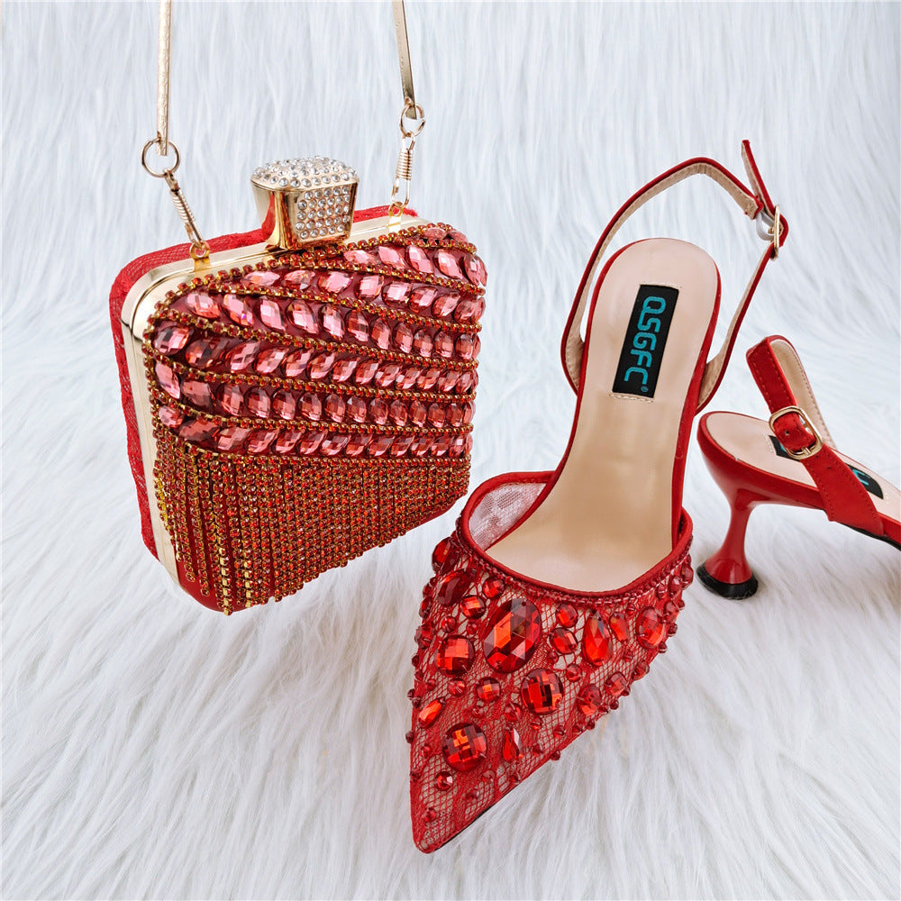 Luxury Ladies Party Sandals & Diamond Clutch Set | Sparkling Rhinestone Evening Heels & Matching Bag | Glamorous Wedding Party Footwear & Accessory Suite | "Iced-Out" Gala Duo