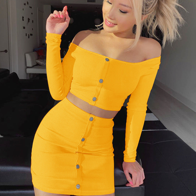 Women’s Off-Shoulder Bodycon 2-Piece Set | Long Sleeve Button Top & Mini Skirt Suit | High-Sense Solid Autumn Coordinates | Chic Slim Fit Matching Set for Women
