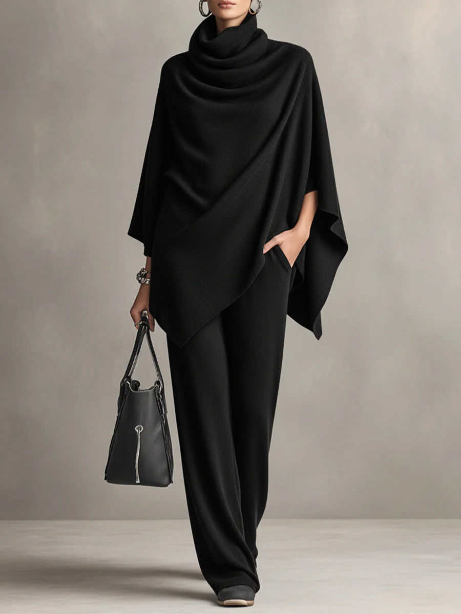 Women’s Cloak-Style Cape Top and Wide-Leg Pants Set | Elegant 2-Piece Formal Suite | Sophisticated Cape Sleeve Evening Outfit | Modern High-Sense Party Co-ord Set | 2026 Luxury Occasion Wear