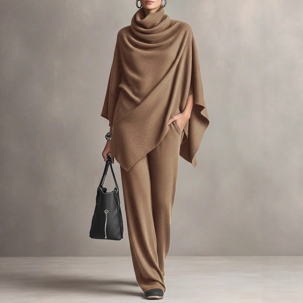 Women’s Cloak-Style Cape Top and Wide-Leg Pants Set | Elegant 2-Piece Formal Suite | Sophisticated Cape Sleeve Evening Outfit | Modern High-Sense Party Co-ord Set | 2026 Luxury Occasion Wear