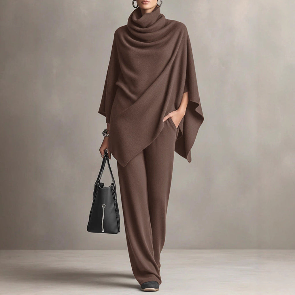 Women’s Cloak-Style Cape Top and Wide-Leg Pants Set | Elegant 2-Piece Formal Suite | Sophisticated Cape Sleeve Evening Outfit | Modern High-Sense Party Co-ord Set | 2026 Luxury Occasion Wear